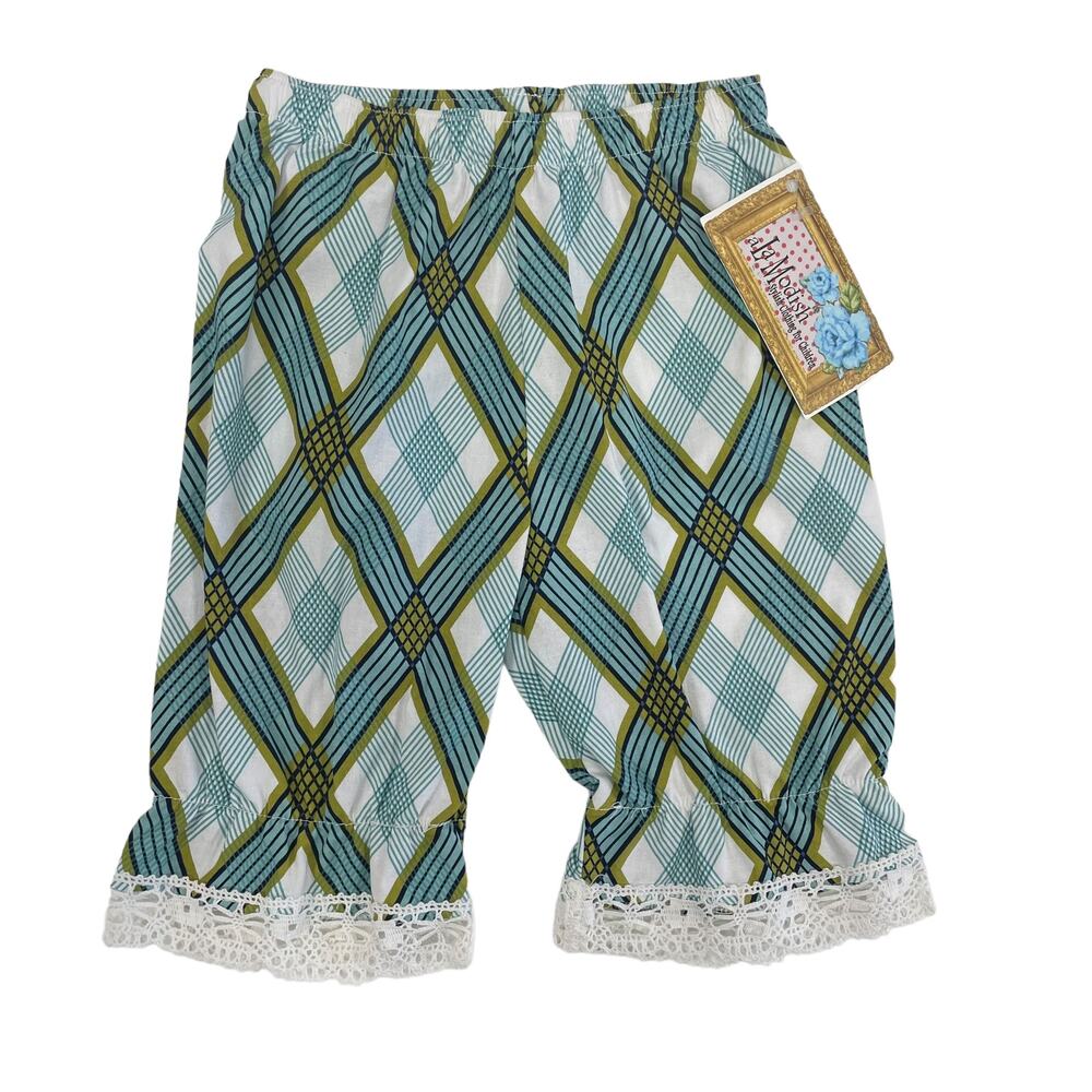 NWT A La Modish Eyelet Lace Trim Plaid Cotton Pant Green Blue Girl's 3T